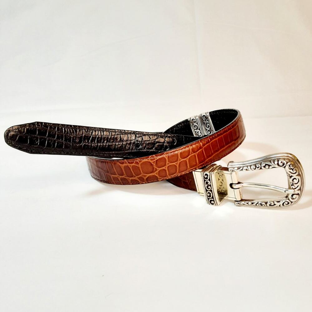 Brighton Reversible Belt M Black Brown Croc Embossed Leather Ornate Hardware